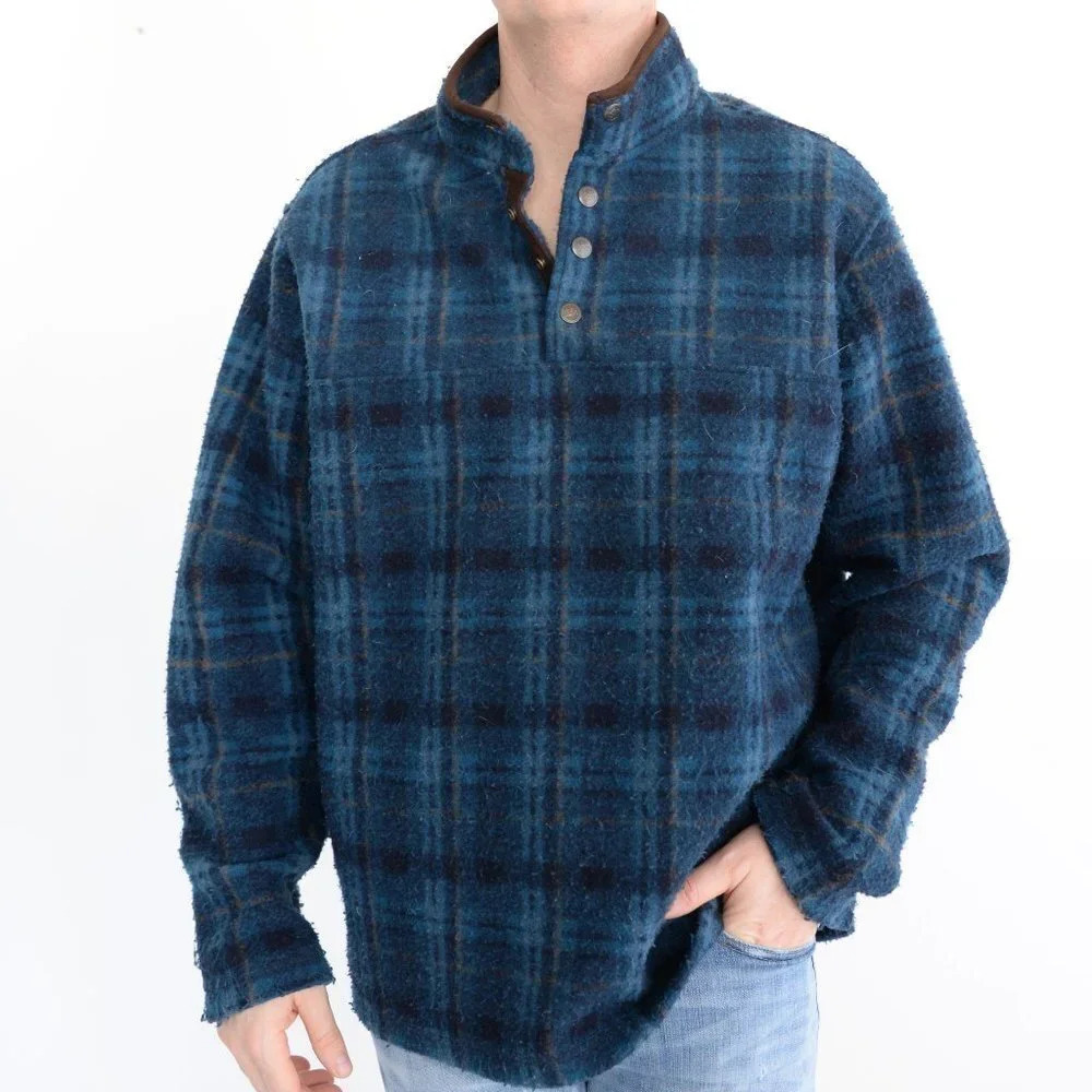 John Wayne Navy Blue Half  Button Flannel Pullover Sweater ~Large